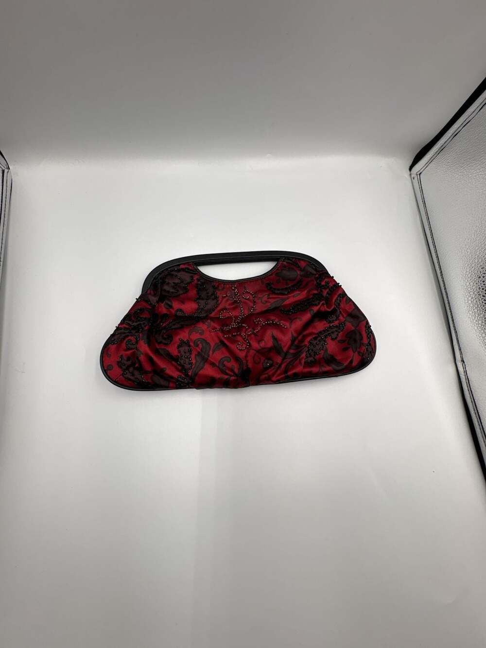 The Limited Red and Black Floral Beaded Evening Bag Clutch with Frame Handle